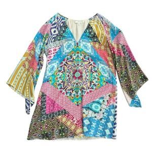 Lavender Brown Women's Multicolor Silk Bell Sleeve V-Neck Shift Dress Size Small